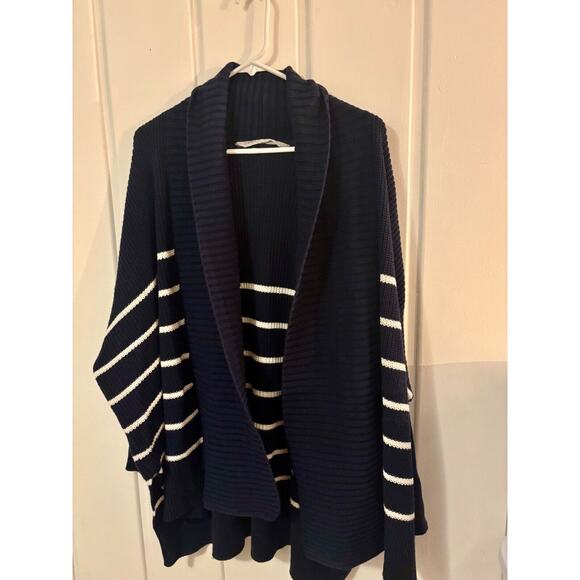Athleta Peaceful Wrap Cardigan Blue/White Stripe Medium Cable Knit Loose Fit - Picture 7 of 12